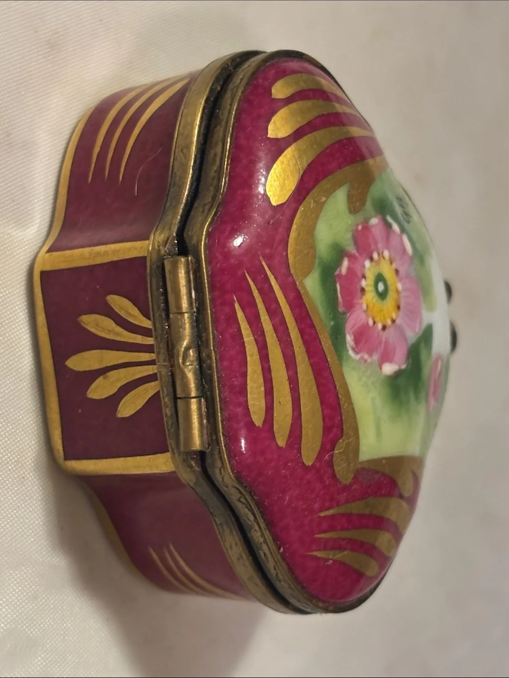 Vintage Limoges France Porcelain Floral Jewelry Trinket Box - Pink and Green